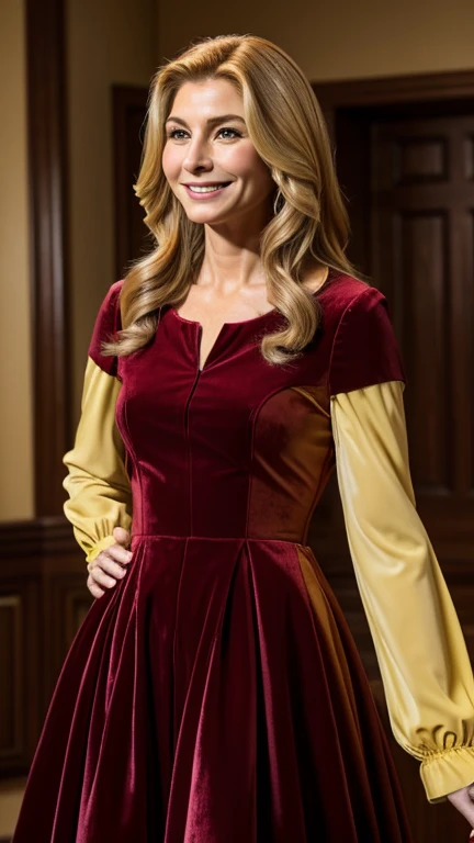 Elizabeth Mitchell wearing yellow and red velvet bianca style clothing and smiling