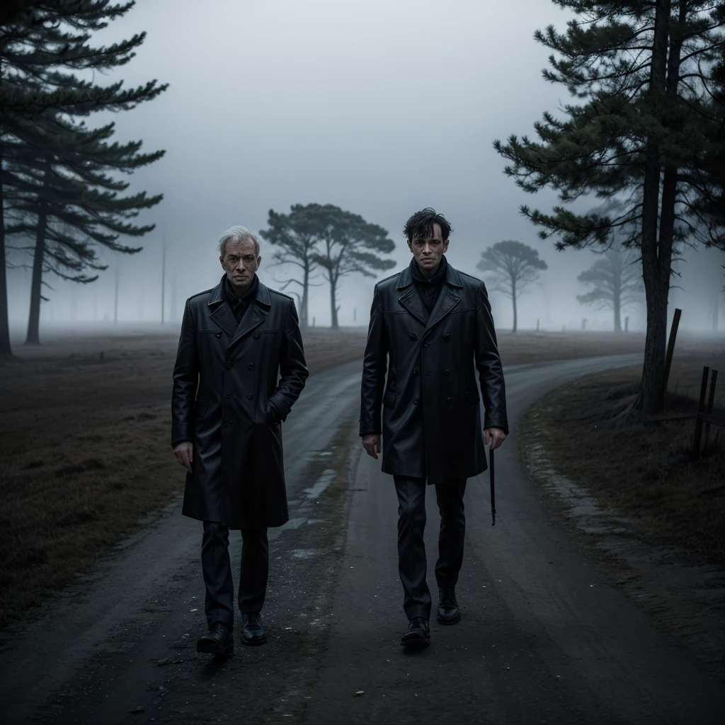 "A lonely man walking with a frightened look, observing shadows around. The scenery is dark and foggy."