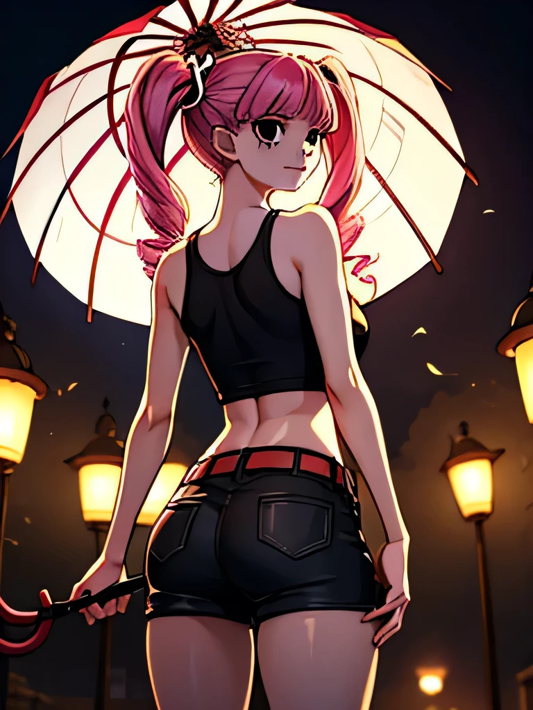 ass, from behind, ass cheeks, looking at the viewer, masterpiece, high res, beautiful art, professional artist, 8k , Ultra detailed backgrounds, Delicate pattern, Intricate High Details, highly detailed, finedetail, Best quality, Beautiful lighting, small breasts, lean girl, Very thin girl, Perona, 1girl, solo, circle-shaped eyes, black eyes, red boots, midriff, twintails, twin drills, pink hair, black shorts with red belt, black tank top, perfect antomy, black and white striped golf, standing cross-legged, castle background, vintage lanterns in the background, white ghosts flying around with a sweet smile, one hand hold an umbrella, Perona hold umbrella, only one hand holds the umbrella handle, and it goes straight into the middle of the umbrella