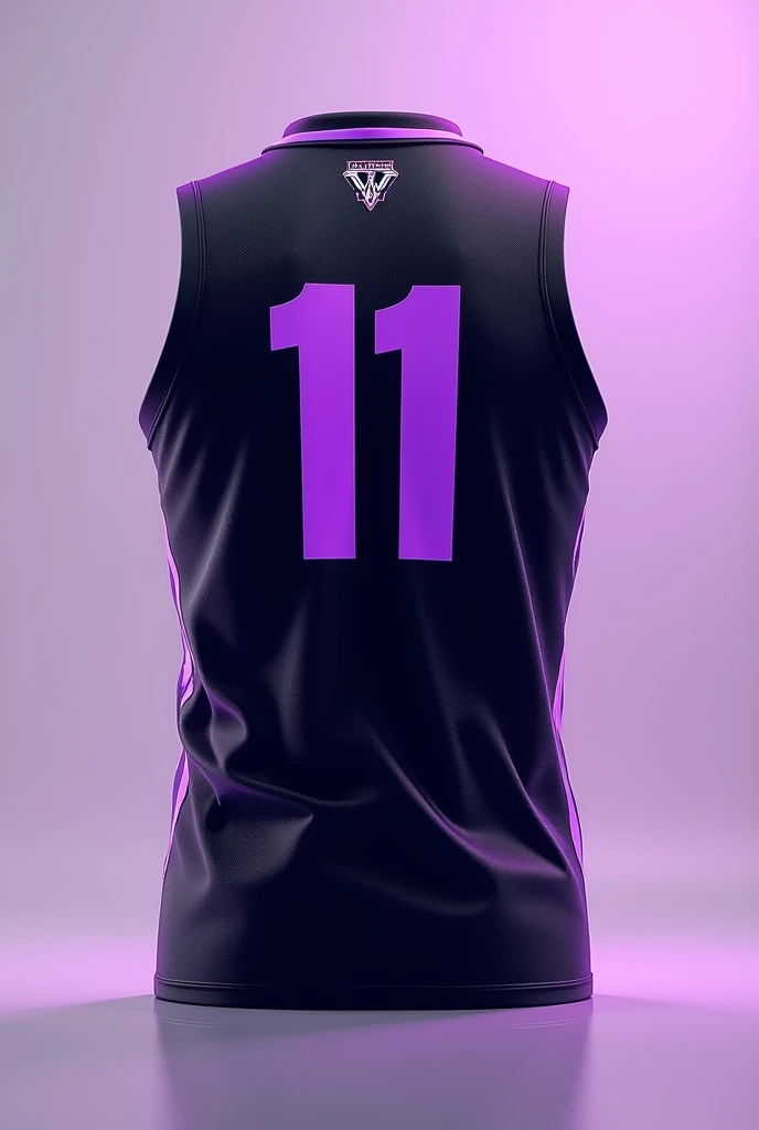 back of black volleyball tank top with purple and number 11 on light purple background