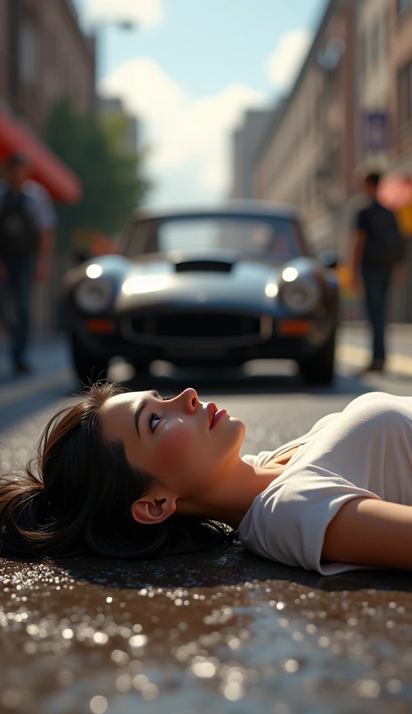 A sad georgous young woman with white t-shirt hit by a car, pixar , cinematic masterpiece aesthetic, realistic 
