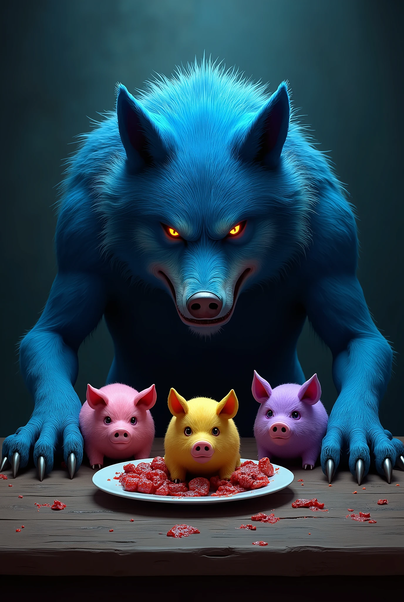 A blue wolf sitting at a table where the dinner on the table are three pigs One of them is pink the other is yellow The last one is purple.
. I want evil in the drawing