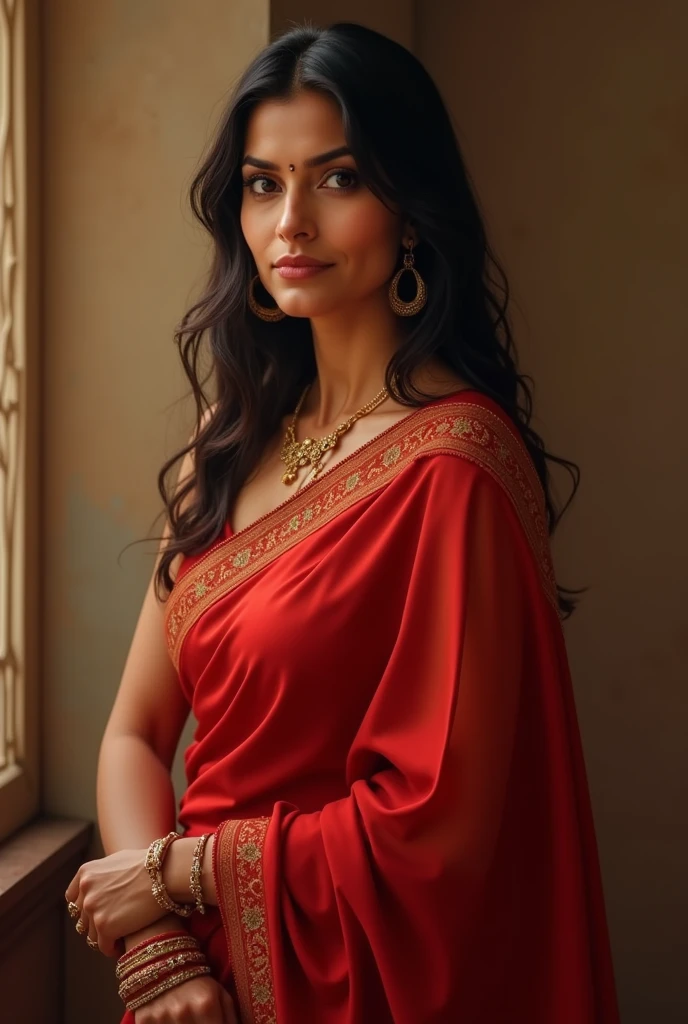 Realistic Indian woman,40s, 40 year old, red saree, smirking, sleeveless