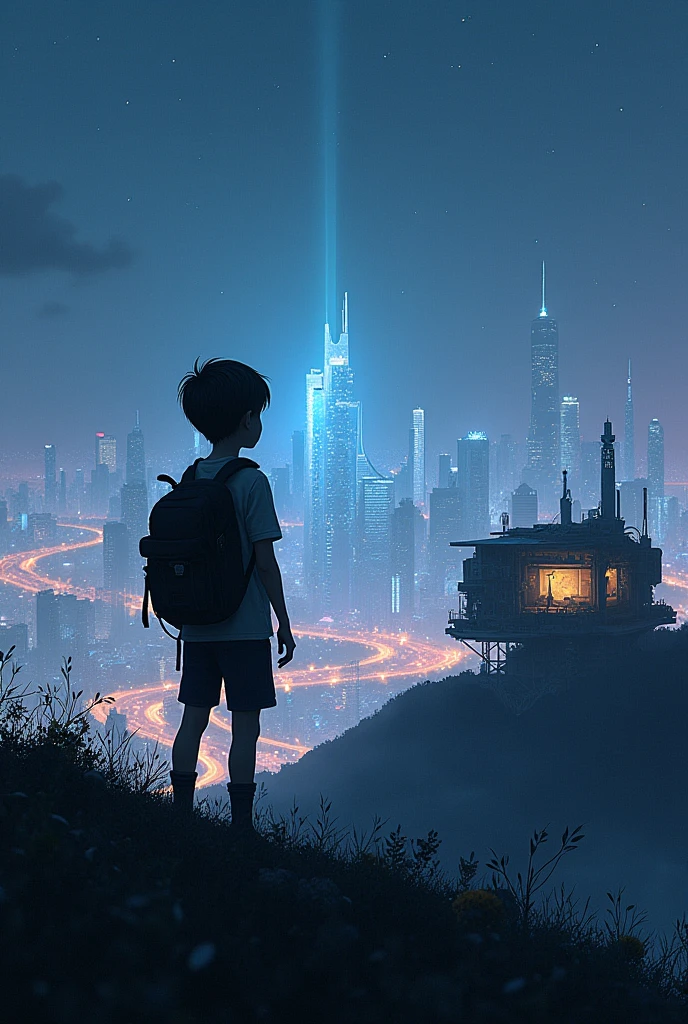 1 boy looking from the top of a hill in the middle of the night to the most futuristic and luxurious city on the planet, Next to the young man is a hut made of futuristic garbage where he lives.