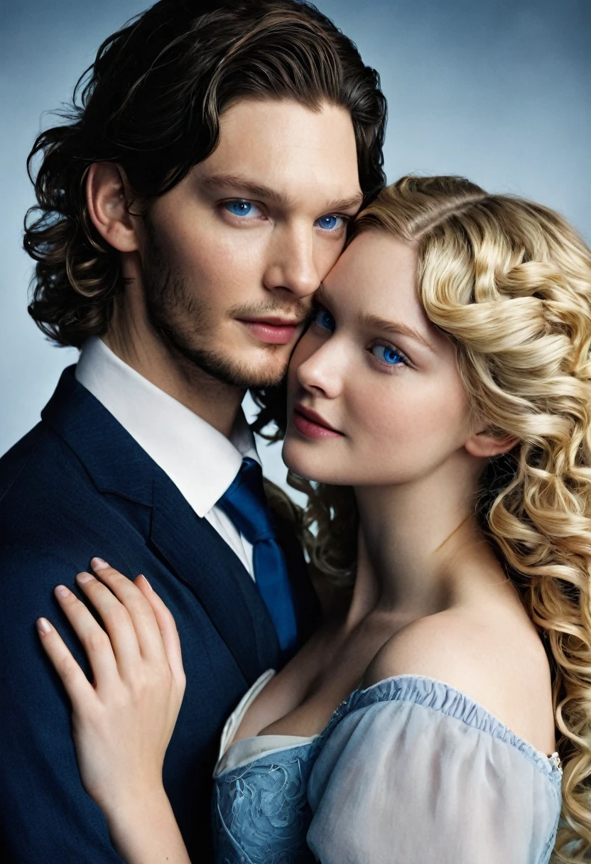 A beautiful female character. The girl is a student. She has long blonde curls and beautiful blue eyes. She is being held by the throat by a handsome young man. He looks like actor Ben Barnes.