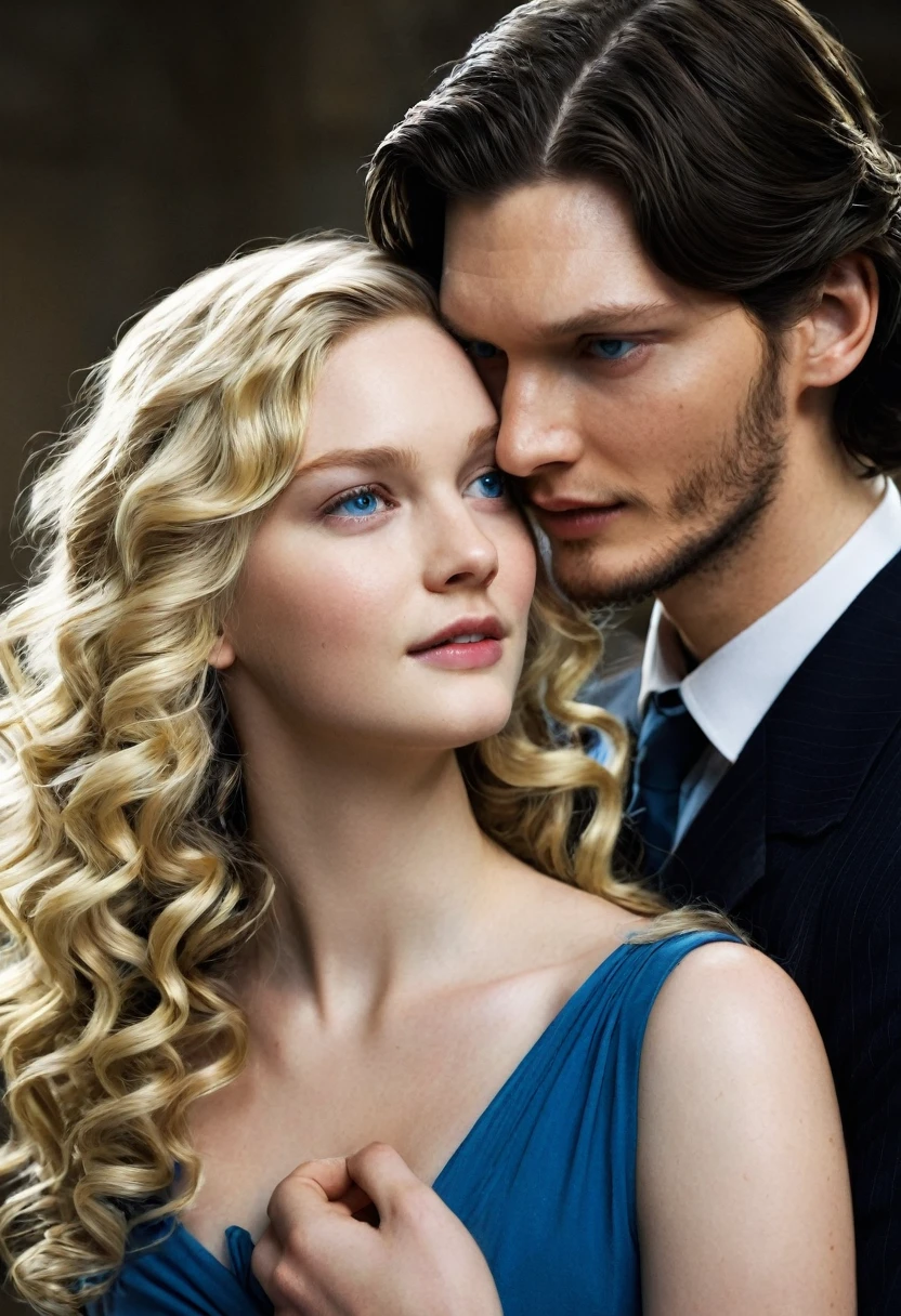 A beautiful female character. The girl is a student. She has long blonde curls and beautiful blue eyes. She is being held by the throat by a handsome young man. He looks like actor Ben Barnes.
