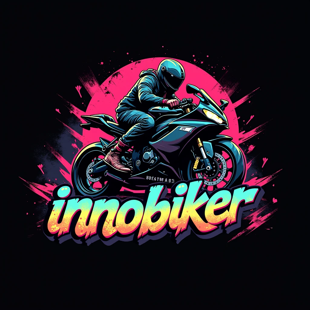 A logo of a biker on a Yamaha YZF R6R With the letters Innobiker in green fluorescent colors, yellow, blue, orange, Pink and graffiti-like Background must be black or white Design must be graffiti and related to motorcycles and hippopotamus