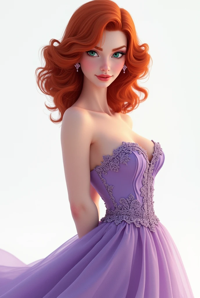 redhead woman in lilac evening dress,doing a winking eye pose,white background,fully body 