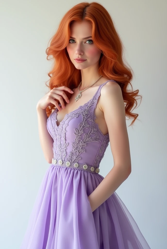 redhead woman in lilac evening dress,doing a winking eye pose,white background,fully body