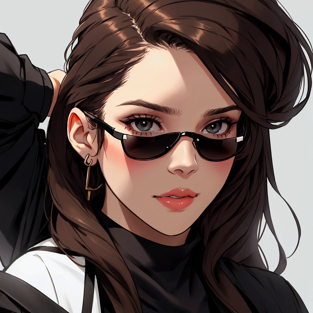 Create profile of young woman with dark brown hair looking straight ahead with chin up, to wear black sunglasses
