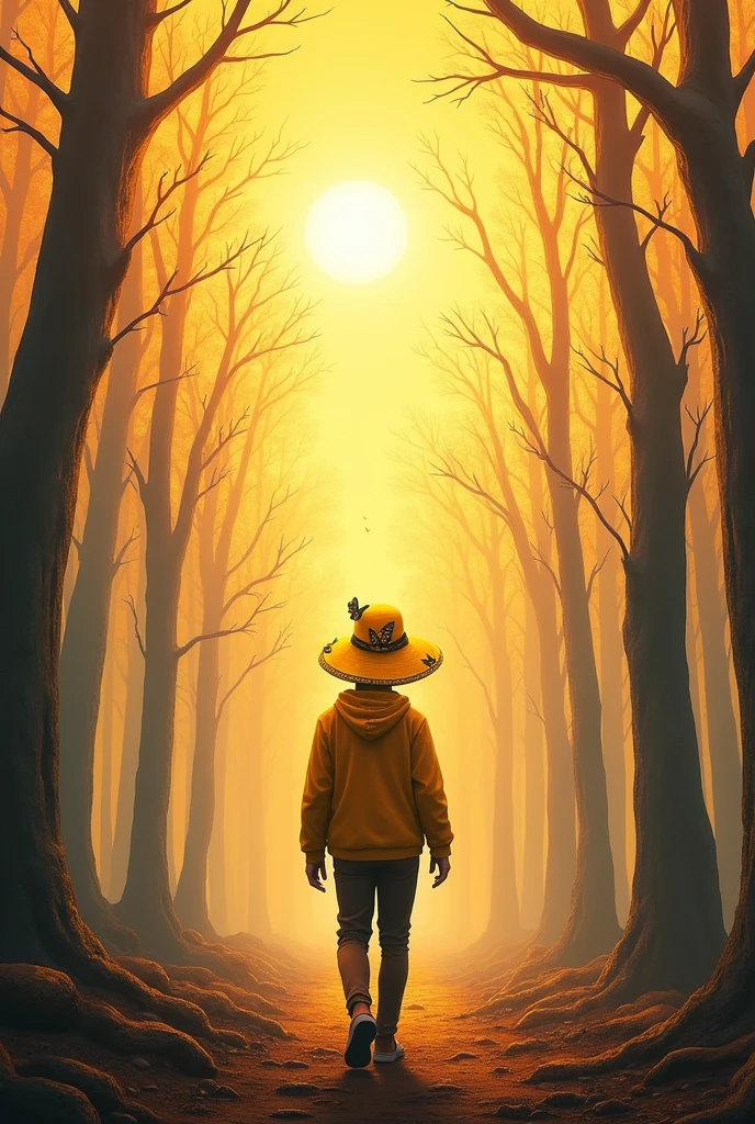 A man is walking through a forest on a sunny day but he is wearing a yellow hat with a design of butterflies the trees are leafless