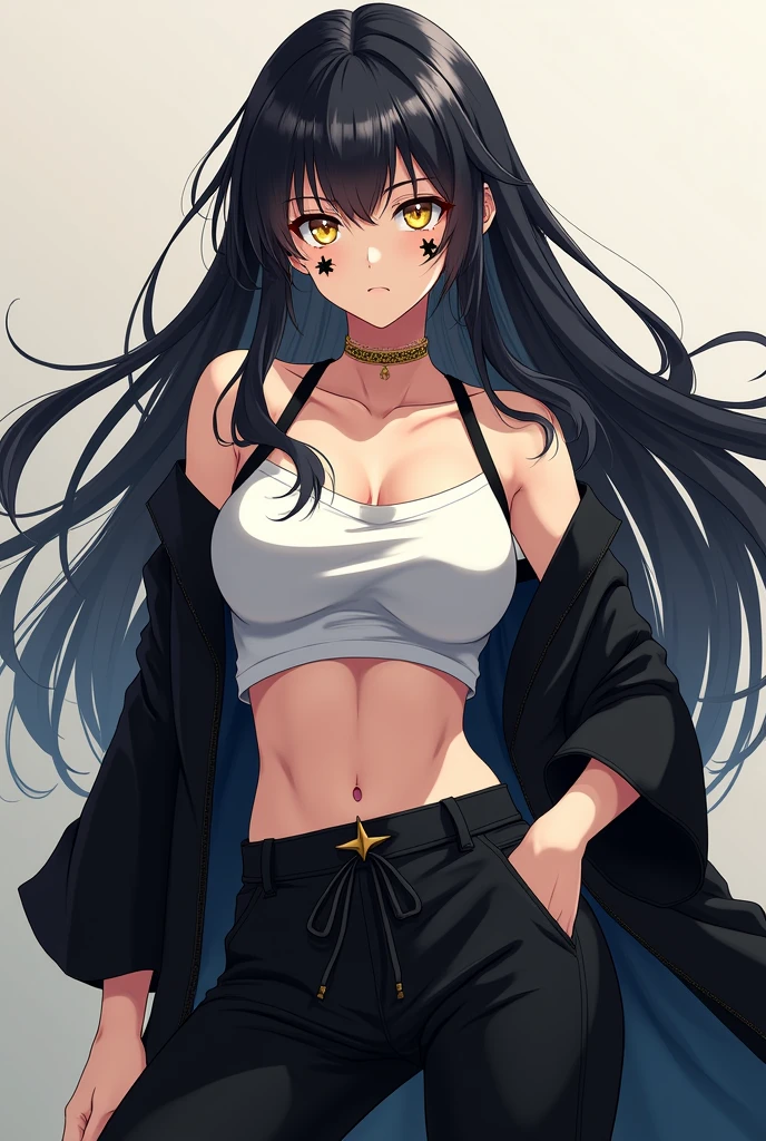 at only . Gives off a powerful and intimidating aura, She is a strong and incredibly beautiful woman. black hair with white tips was combed with loose hair, The hair ends in wavy white tips, The eyes were golden and shine like diamonds, under the eyes a black 5-pointed star as a mark on his face, has more of these stars throughout the body. She is wearing loose black pants and a white top., un haori negro. She wears a thin gold chain as a choker, in the ears earrings, some small gold hoops, She has a gold navel ring as well.. Do it like an anime character from Jujutsu Kaisen.