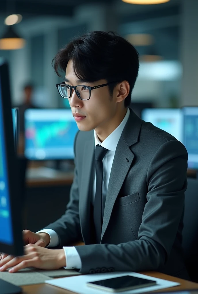 Businessman suit tie glasses investment FX young Japanese in his 20s