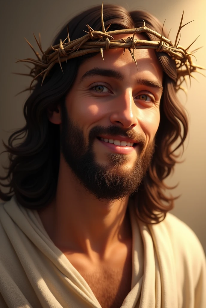 A serene image of Jesus Christ with a crown of thorns on His head. He is depicted with a peaceful and gentle smile, radiating compassion and warmth. The background is soft, with warm tones that highlight His expression of kindness. His eyes are soft and inviting, conveying a deep sense of love and understanding. The lighting emphasizes the gentle features of His face, creating a calm and comforting atmosphere. The crown of thorns is delicately placed, with small shadows that enhance the depth and realism of the image. Jesus' attire is simple, with a traditional robe that drapes naturally over His shoulders, adding to the overall serene and divine presence.