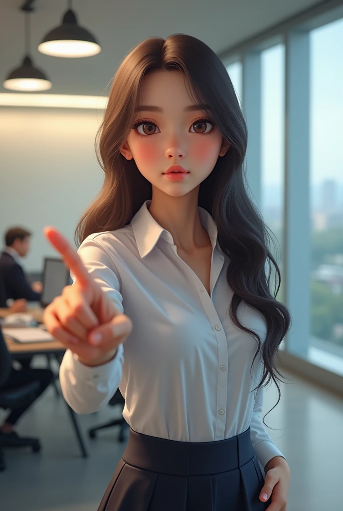 Generate an image of a young beautiful girl standing in office zoom in, seeing in front,and point out with figure left hand