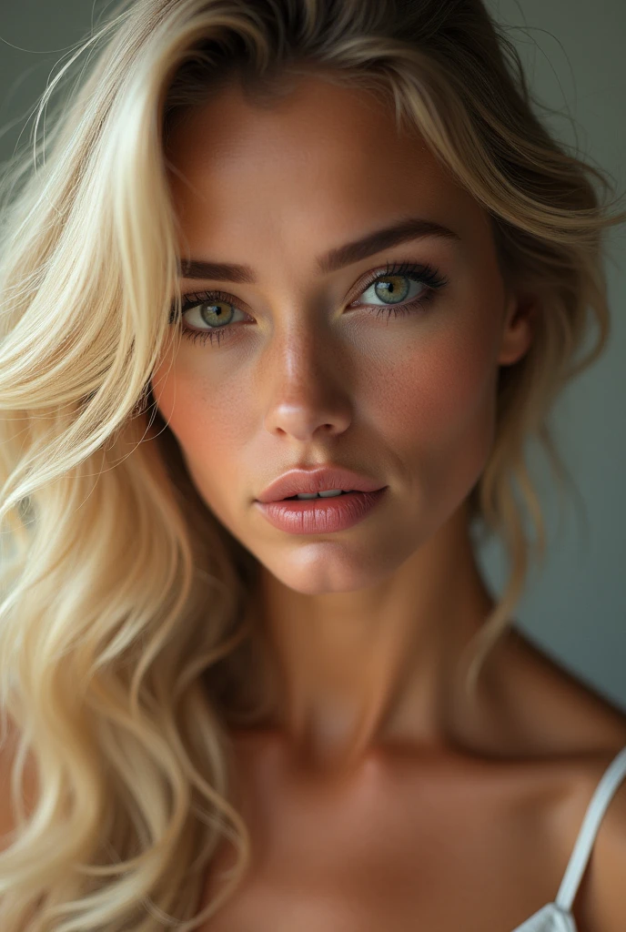 Visage femme blonde caucasienne, très attirante et belle, levres pulpeuses, regard seducteur, sourcil épais, légèrement joufflu