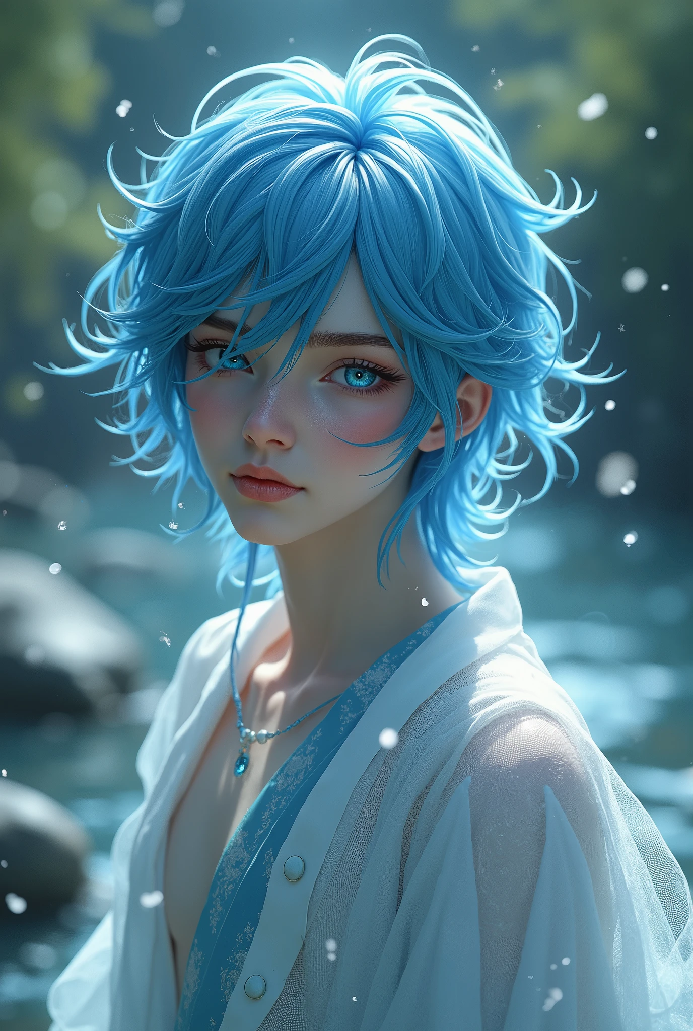 young man with blue eyes and blue hair with traces of the water element
