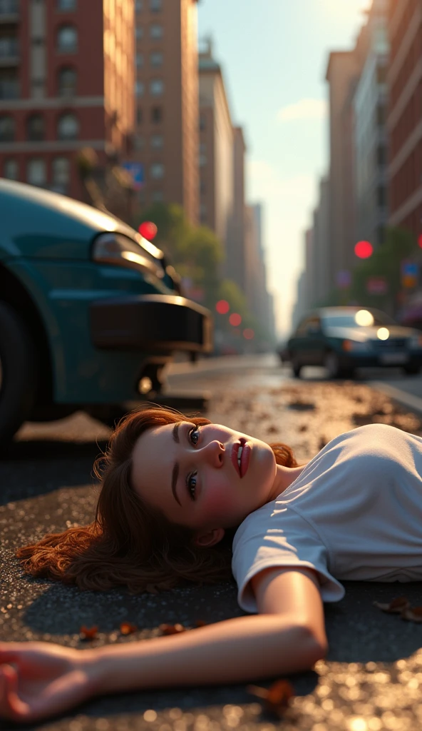 A sad georgous young woman with white t-shirt hit by a car, pixar , cinematic masterpiece aesthetic, realistic 