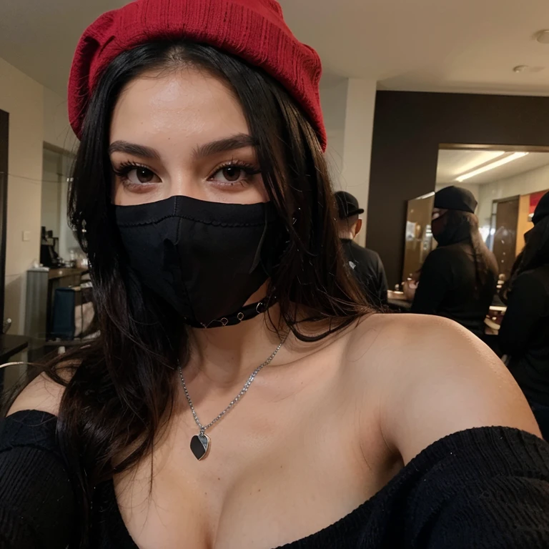 Sexy girl with long black hair taking a selfie with a black mask, a red sweater and a black cap with a black cap and silver chain
