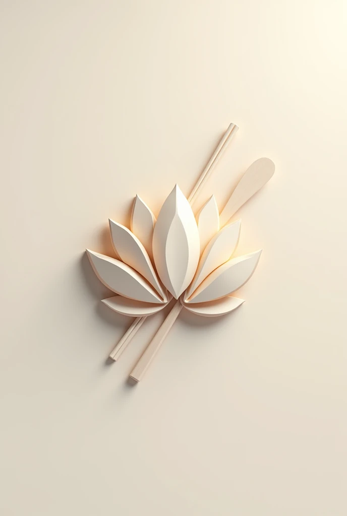 Create a 3D minimalist logo for an Asian culinary channel named 'Lotus Taste.' The design should include a lotus flower and chopsticks (hashi), with elements that clearly evoke the culinary theme. The logo should be simple, modern, and elegant, with subtle 3D effects to add depth while maintaining a clean aesthetic.