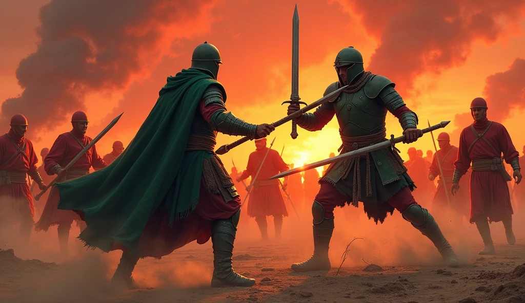 2 men who weared green battle suit, 1st men have sword, 2nd men javelin and both men  are fight with 8 men which wear red battle suit every men has sword Sun set, blood sky, burning tents, burning date trees 

Men killed by a javelin inside his chest
