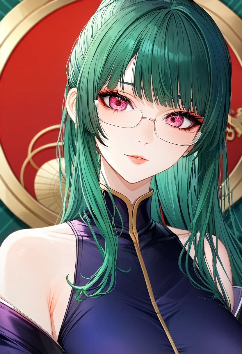 Zenin Maki with green hair and glasses, fine details. best anime 4k konachan wallpaper, beautiful anime portrait, stunning anime face portrait, detailed portrait, ulzzang, beautiful detailed eyes,
