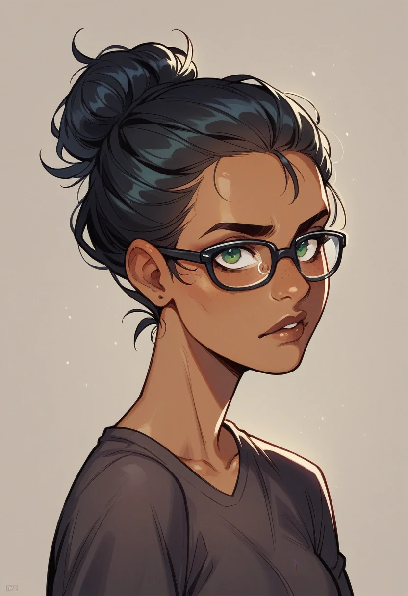 1 woman, airhead but very intelligent, mixed race Latina, olive green eyes,tan skin ,dark complexion, straightened and tied long black hair,nerd, glasses, comics style 