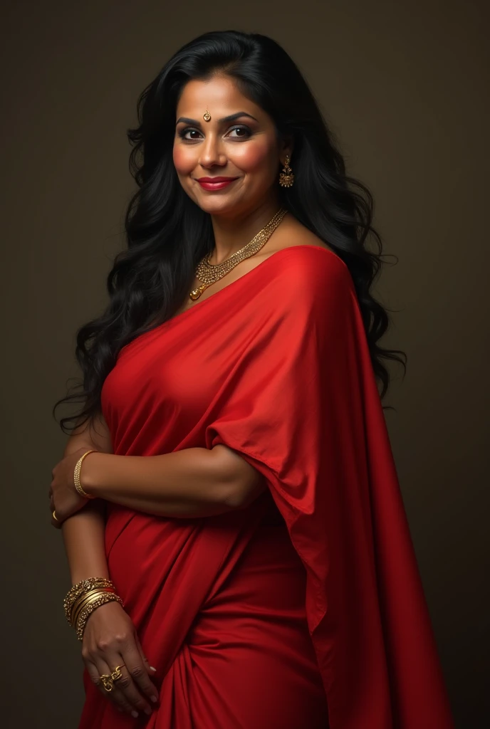 Realistic Indian woman,40s, dusky, curvy, 40 year old, red saree, seductive naughty smirking, sleeveless, hairy armpits