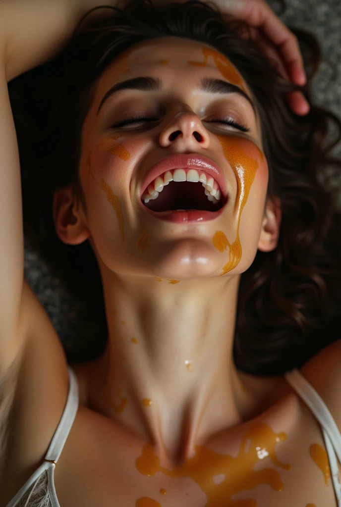 A woman seen from above, just the face and part of his body, kneeling, mouth open feeling great pleasure with orgasm expressions, she has honey splattered on her face