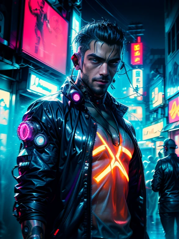 (masterpiece, Best Quality, High resolution, fondo de pantalla de unidad 32K, Extremely detailed CG:1), (faint illustration on stage:1.0), ((1 young handsome man:1.55 by cyberpunk:1.5 )),(( cyberpunk night city:1.4)), neon signs futuristic cars,dark place rain, ((wet clothes magenta neon lights illuminating the young man perfectly:1.45) . 32K