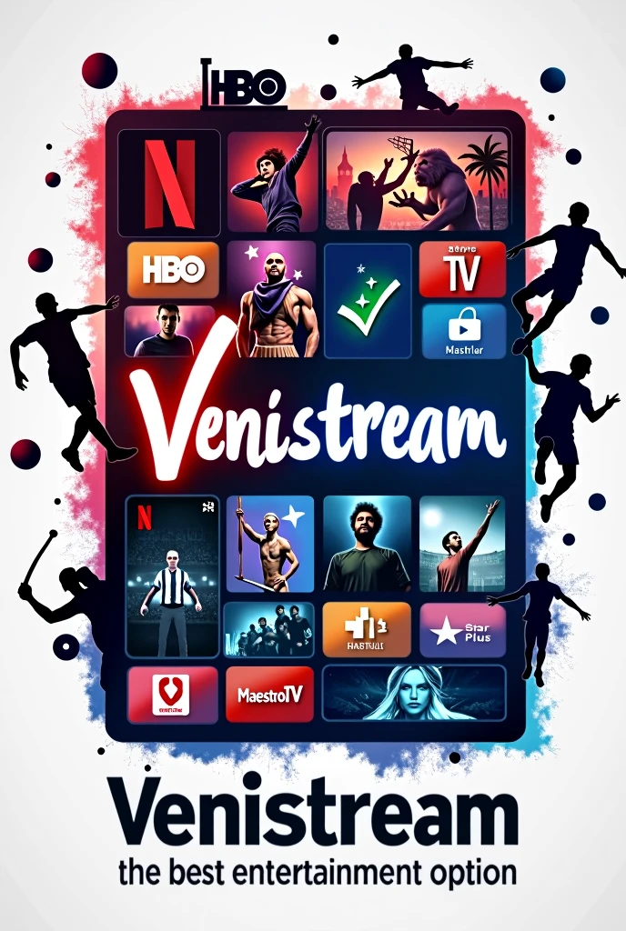  LOGO WHERE YOU CAN SEE MANY PICTURES IN THE FORM OF A FRAME OF NETFLIX MOVIES HBO STAR PLUS MAGISTV AND FAMOUS SPORTS THAT COME OUT IN THE BACKGROUND WITH THE NAME OF VENISTREAM WITH THE SLOGAN THE BEST ENTERTAINMENT OPTION
