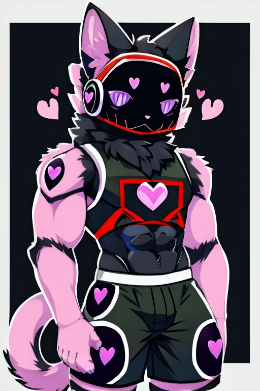 Big black cat , black robot helmet with a purple kawaii cat face, muscular, furry, black sleeveless shirt, Morados shorts, with heart stickers on the body
