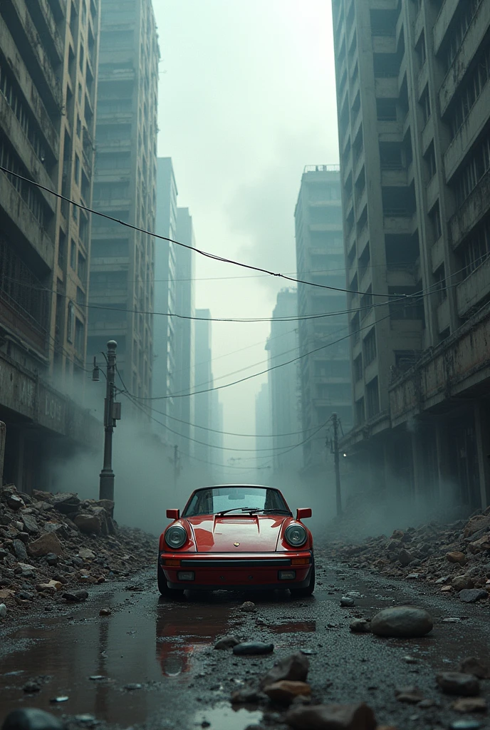 (masterpiece), hyperrealistic,  destroyed city, scary, on fire, smoke, dust,ruins, destruction, epic , 8k, UHD, centralized, depth, intricate, tal buildings with broken windows, surface sccatering, cool, badass, cinematic, ((hellish scene, demoniac, itense, hell, dark )), street, low angle, poles, wires, papers, trash, burned and desrtroyed, sad feeling, bad emotiins, a tragedy, dark sky, high temperature, but one Porsche 911 car is there with out any problem clean and beautiful in the war and destroyed background 