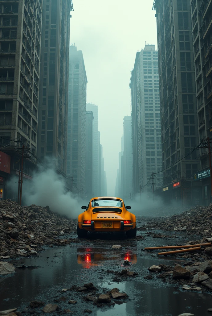 (masterpiece), hyperrealistic,  destroyed city, scary, on fire, smoke, dust,ruins, destruction, epic , 8k, UHD, centralized, depth, intricate, tal buildings with broken windows, surface sccatering, cool, badass, cinematic, ((hellish scene, demoniac, itense, hell, dark )), street, low angle, poles, wires, papers, trash, burned and desrtroyed, sad feeling, bad emotiins, a tragedy, dark sky, high temperature, but one Porsche 911 car is there with out any problem clean and beautiful in the war and destroyed background 