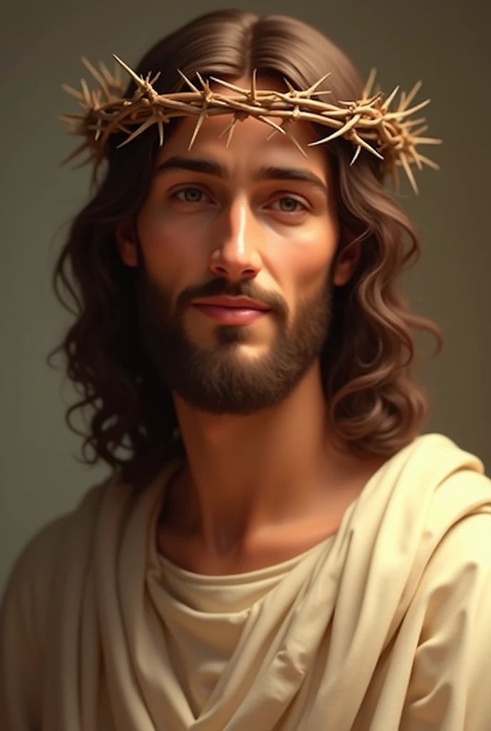 A serene image of Jesus Christ with a crown of thorns on His head. He is depicted with a peaceful and gentle smile, radiating compassion and warmth. The background is soft, with warm tones that highlight His expression of kindness. His eyes are soft and inviting, conveying a deep sense of love and understanding. The lighting emphasizes the gentle features of His face, creating a calm and comforting atmosphere. The crown of thorns is delicately placed, with small shadows that enhance the depth and realism of the image. Jesus' attire is simple, with a traditional robe that drapes naturally over His shoulders, adding to the overall serene and divine presence.