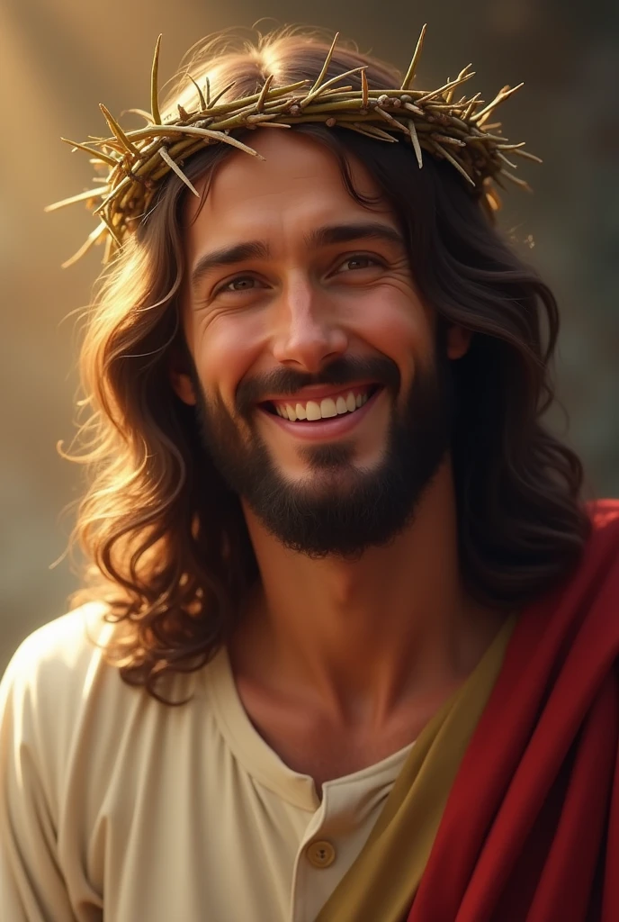 A serene image of Jesus Christ with a crown of thorns on His head. He is depicted with a peaceful and gentle smile, radiating compassion and warmth. The background is soft, with warm tones that highlight His expression of kindness. His eyes are soft and inviting, conveying a deep sense of love and understanding. The lighting emphasizes the gentle features of His face, creating a calm and comforting atmosphere. The crown of thorns is delicately placed, with small shadows that enhance the depth and realism of the image. Jesus' attire is simple, with a traditional robe that drapes naturally over His shoulders, adding to the overall serene and divine presence.