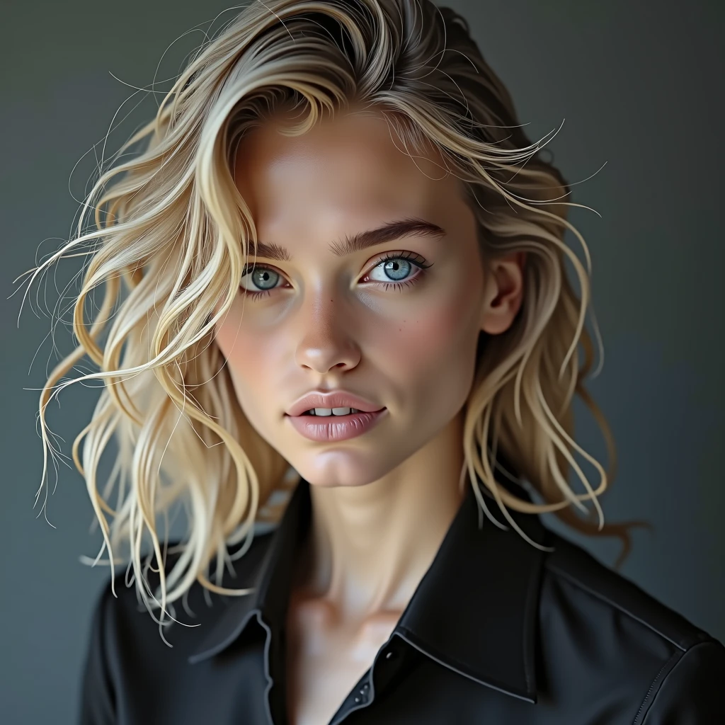 femme blonde aux yeux bleus et une chemise noire posant pour une photo, un portrait de personnage par Raphaël Collin, volet, art numérique, photo d&#39;une belle femme, magnifique jeune mannequin, portrait d&#39;un beau modèle, beau modèle féminin, belle jeune femme, belle jeune femme, very belle jeune femme, portrait doux 8 k, jolie jeune femme, Jolie jeune femme