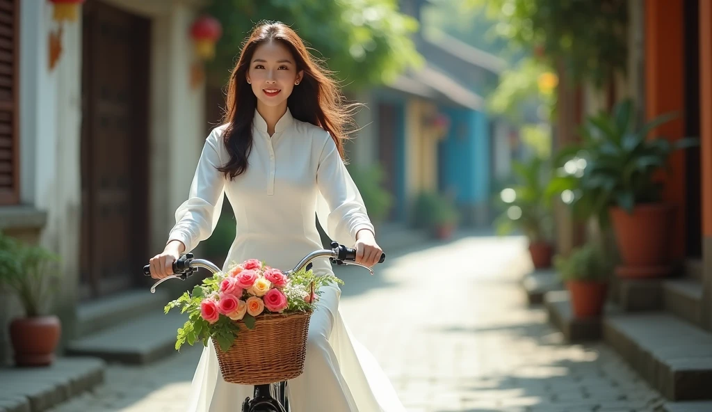 Make a photo of a Vietnamese female model wearing a white Ao Dai. Riding a bike on an old street. 50mm lens. bright. realistic. Focus your eyes well. Full shot. Make a basket and a bouquet of flowers in front of the bike.