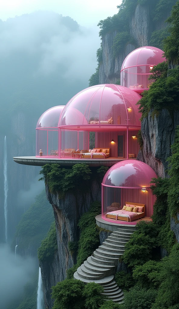 A pink glass house on the cliff, surrounded by green plants and waterfalls in the mountains. The photo is taken from an elevated perspective with misty weather, creating a dreamlike atmosphere. There's a staircase leading to it, which adds depth to the scene. Inside each transparent dome, there are beds made of soft materials, and some have colorful pillows placed inside for decoration. This unique architectural style creates a sense of wonder.