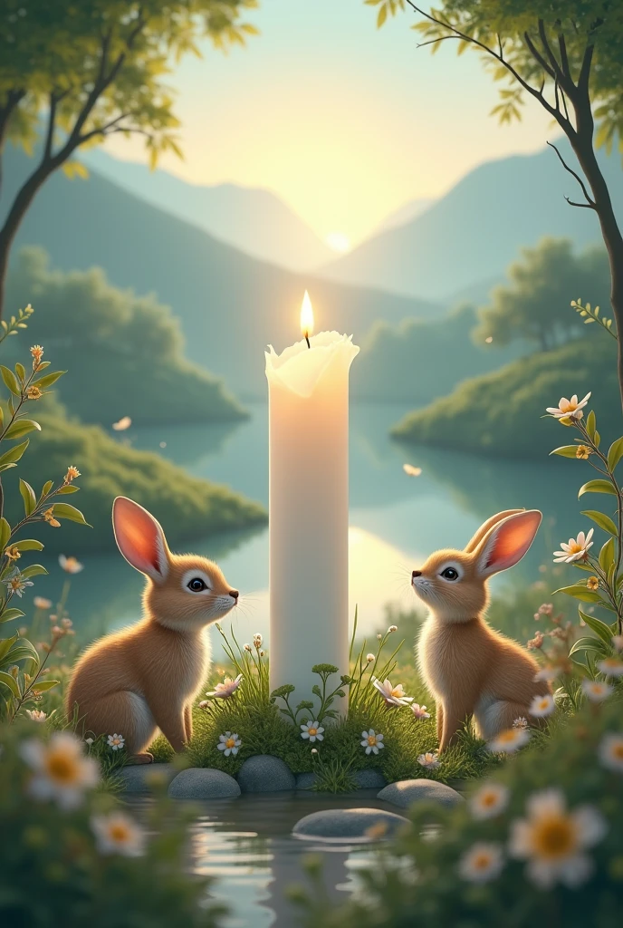 White candle with animals and lots of tranquility, real image