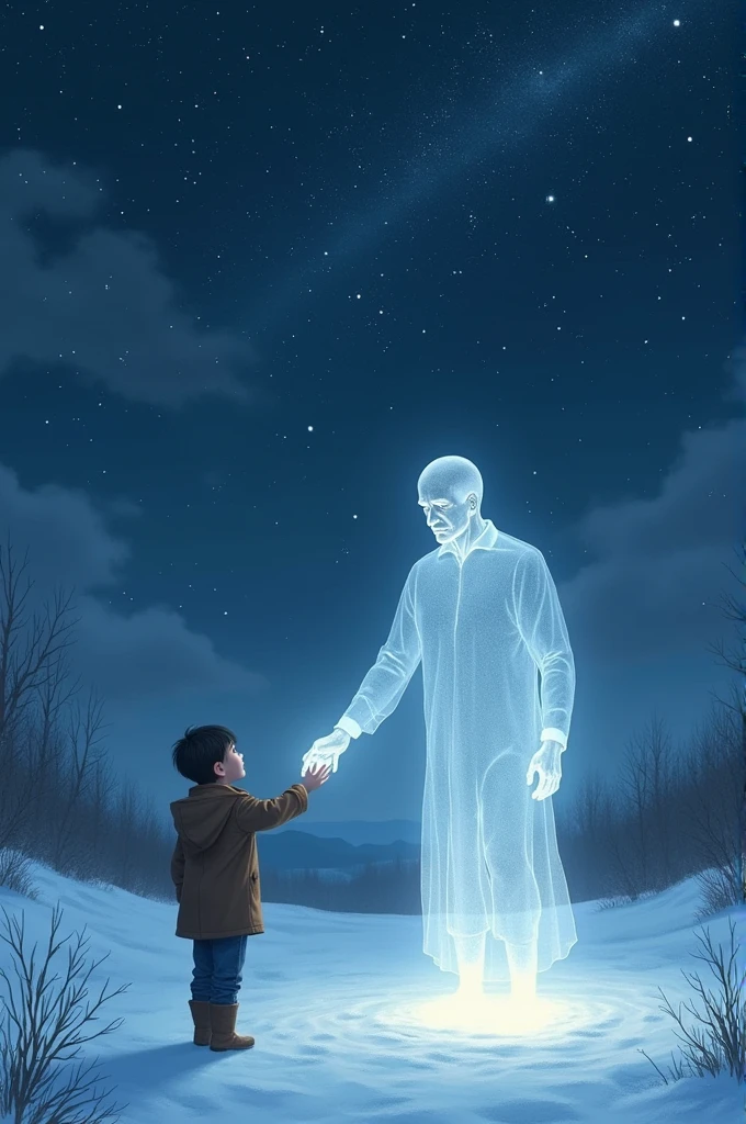 A boy walking on a snowy night looking up at the stars and the spirit of a man grabs his hand