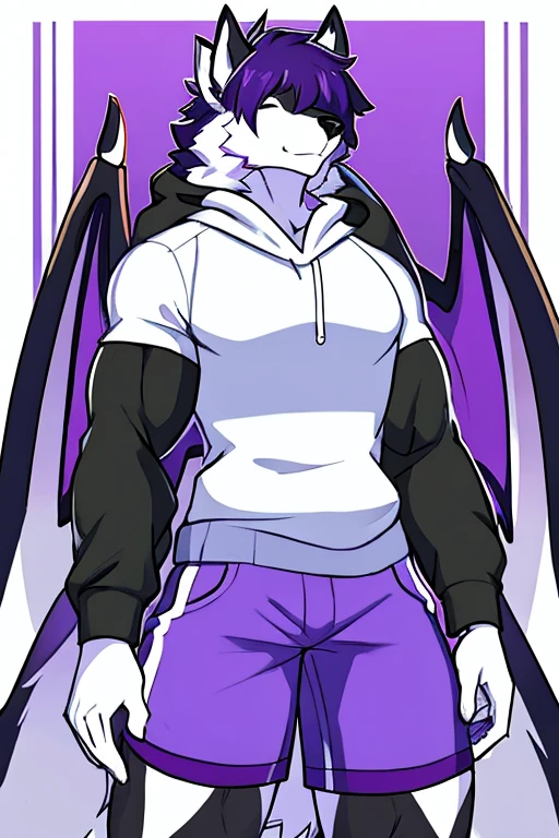 Male Alaskan Malamute Dog Purple and White Fur, With horns, demon wings , hair covering her eyes, White cap, muscular, white sleeveless hooded sweater, shorts negros