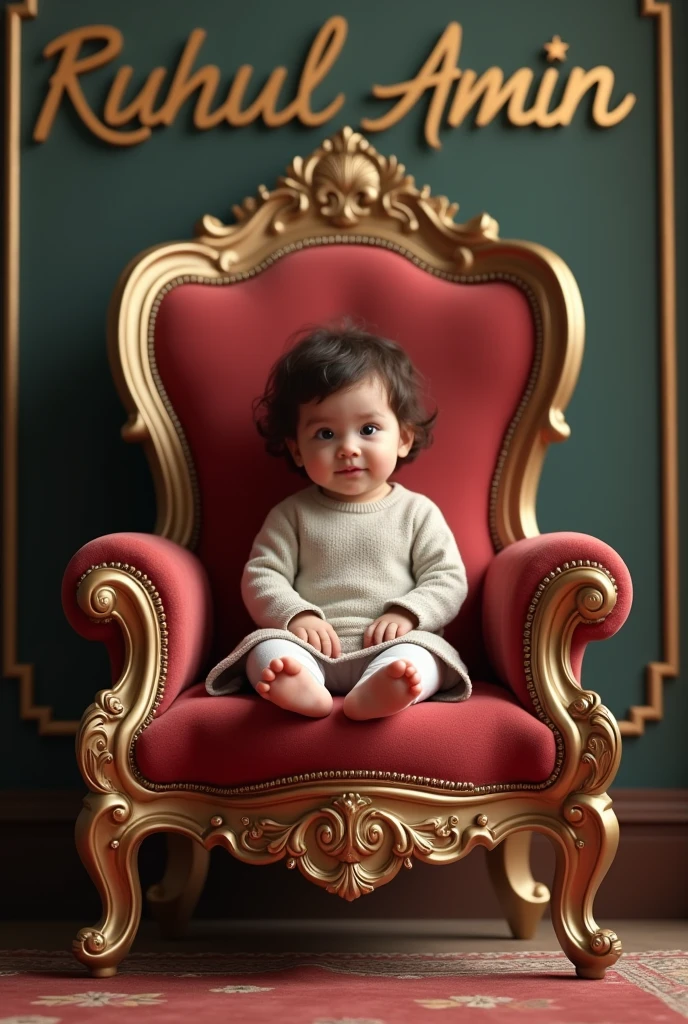 Create a realistic image a young is 2 sitting in a king chair with wing behind the wall is written " Ruhul Amin" in curve style
