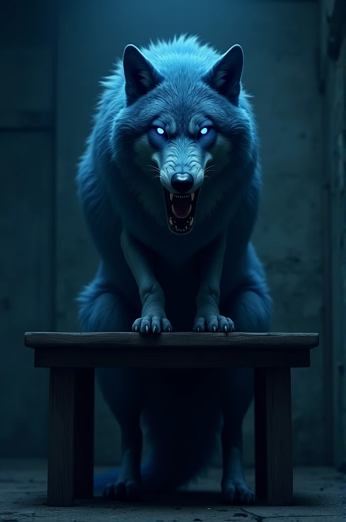 Evil blue wolf on a table with nothing on it