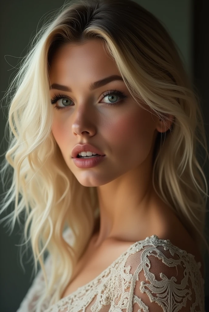 Visage femme caucasienne, cheveux légèrement décoloré, très attirante et belle, levres pulpeuses, regard seducteur, sourcil épais, pas super maigre