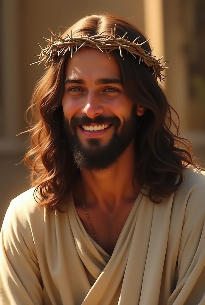 A serene image of Jesus Christ with a crown of thorns on His head. He is depicted with a peaceful and gentle smile, radiating compassion and warmth. The background is soft, with warm tones that highlight His expression of kindness. His eyes are soft and inviting, conveying a deep sense of love and understanding. The lighting emphasizes the gentle features of His face, creating a calm and comforting atmosphere. The crown of thorns is delicately placed, with small shadows that enhance the depth and realism of the image. Jesus' attire is simple, with a traditional robe that drapes naturally over His shoulders, adding to the overall serene and divine presence.