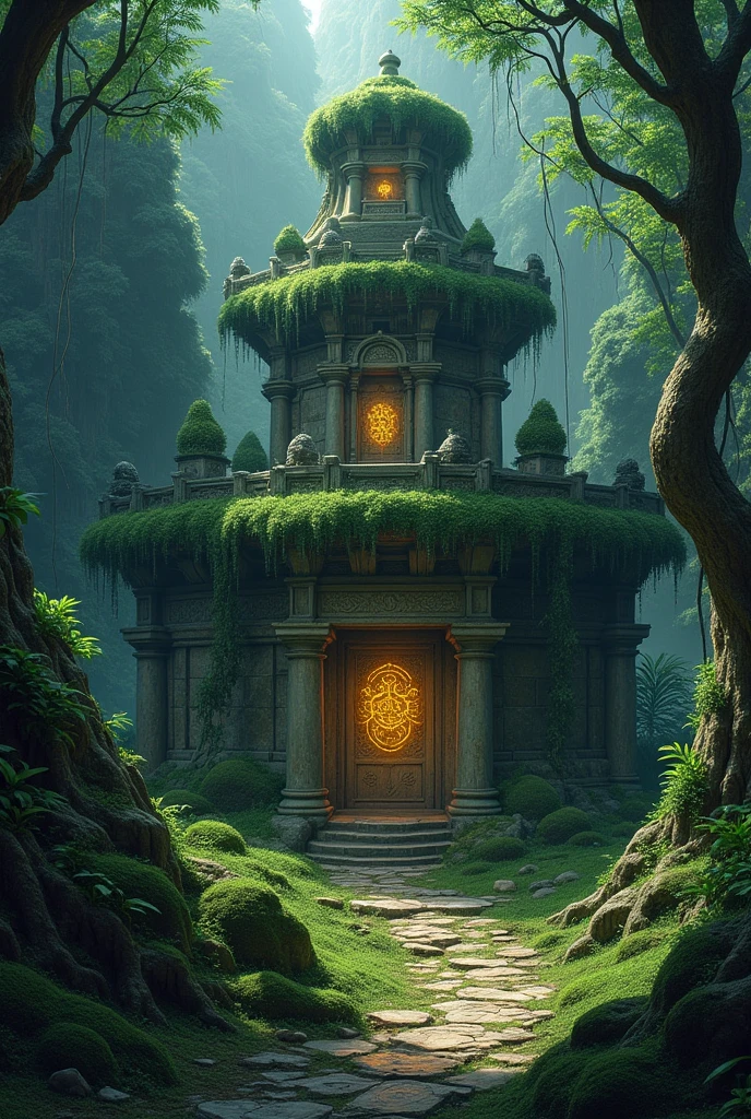 Temple hidden among high hills covered in moss and intertwined with ancient roots, almost as if emerging from the very heart of the magical island. Its stone walls were covered with ancient inscriptions and enigmatic symbols that glowed with a soft, mystical light.. for adventure book