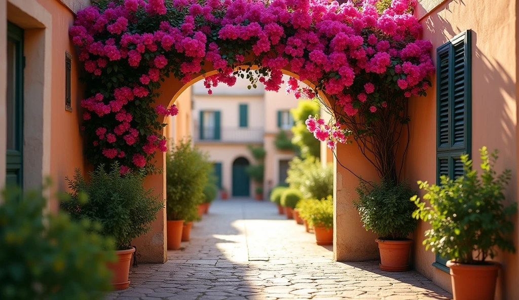 Entrance to a typical street in Provence, with a Bougainvillea forming an arch right at the entrance. David Hamilton Style