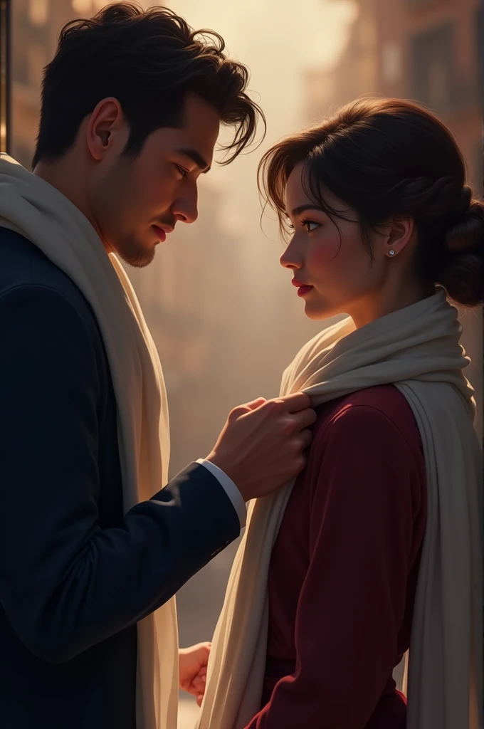From the side, a man is seen picking up the end of a woman&#39;s scarf