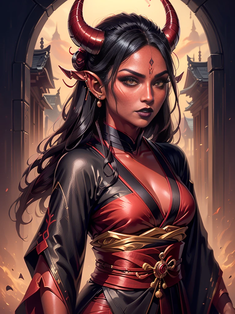 1girl, female, solo, tiefling, ((red skin, red colored skin, deep red skin)), Woman, jewelery, ear piercings, (, straight black horns, black oni horns), black hair, long hair, yellow eyes, black lips, choker, goth, horn ornament, armour, ((master piece, best quality)), horns, pointed ears, make-up, black lipstick, (face detailed), face focus, portrait, fully body, wearing black kimono, long flowing kimono, natural breasts, medium breasts,